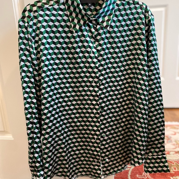 Cynthia Rowley Silk  Cube Pattern Shirt in Green and Black - Picture 1 of 5